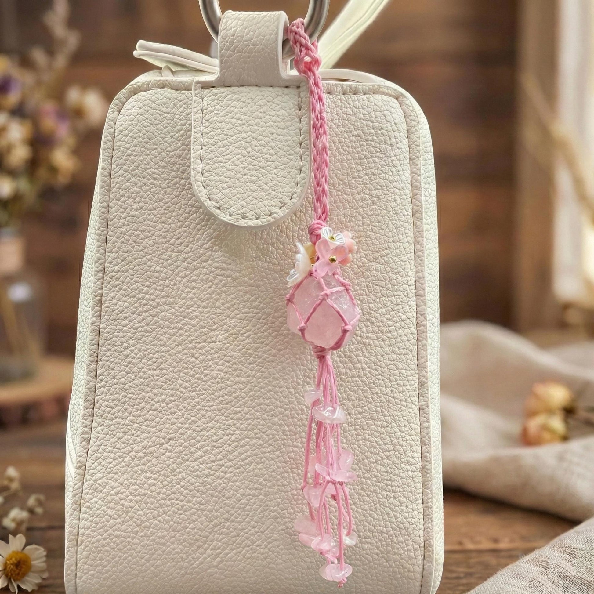 Handmade Rose Quartz Bag Charm – Bohemian Crystal Tassel Keychain