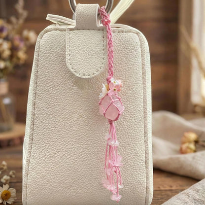 Handmade Rose Quartz Bag Charm – Bohemian Crystal Tassel Keychain
