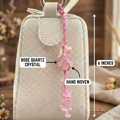 Handmade Rose Quartz Bag Charm – Bohemian Crystal Tassel Keychain
