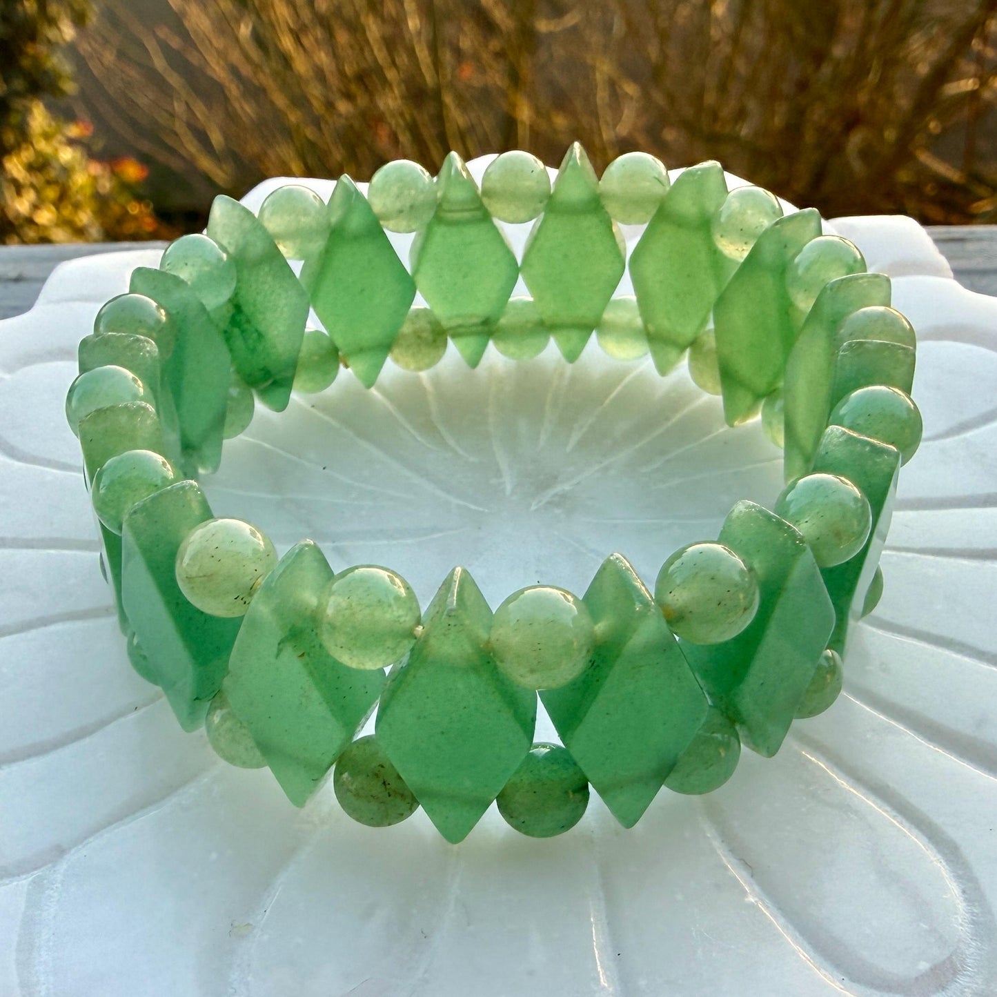 Green Aventurine Diamond Cut Bracelet – Abundance & Luck Crystal Stretch Bracelet, Geometric Beaded Healing Jewelry