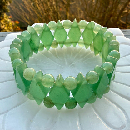 Green Aventurine Diamond Cut Bracelet – Abundance & Luck Crystal Stretch Bracelet, Geometric Beaded Healing Jewelry