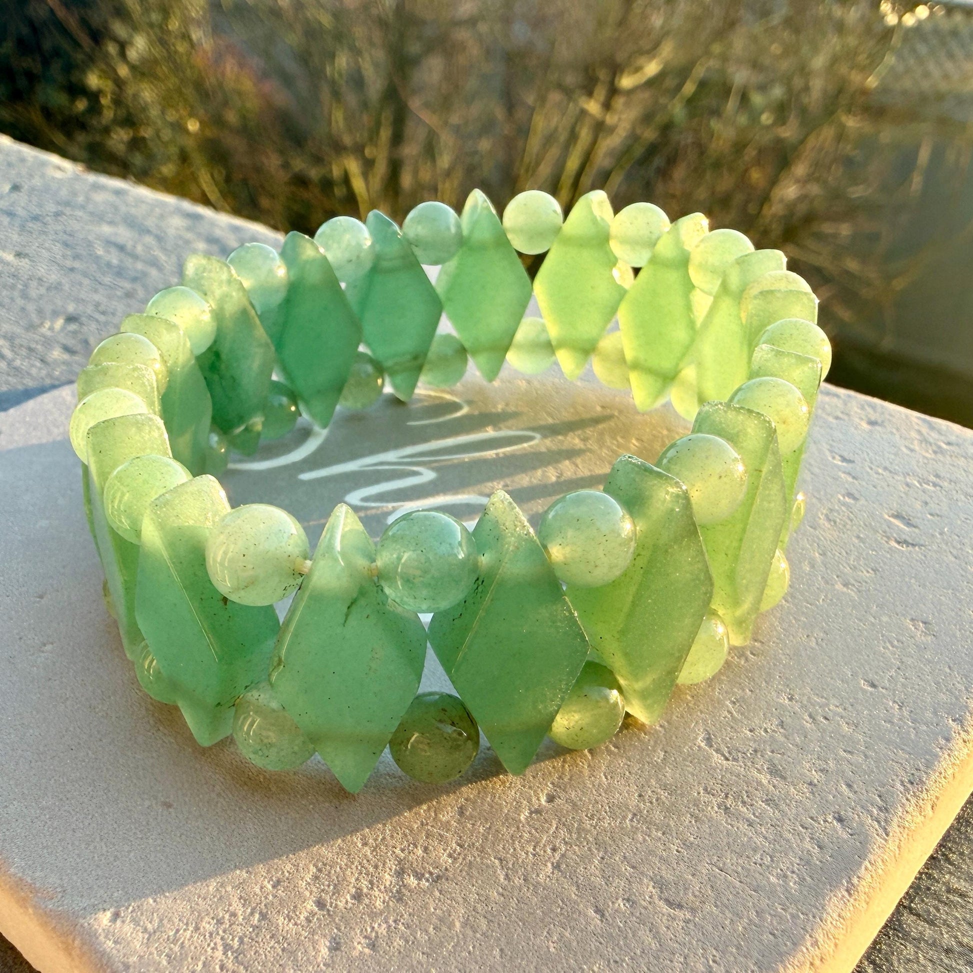 Green Aventurine Diamond Cut Bracelet – Abundance & Luck Crystal Stretch Bracelet, Geometric Beaded Healing Jewelry