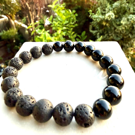 Black Tourmaline & Lava Stone Men’s Bracelet – Beaded Bracelet for Grounding, Protection and Balance