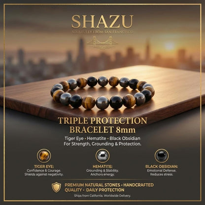 Triple Protection Bracelet 8mm/10mm - Tiger Eye Hematite Black Obsidian Strength Grounding Gift