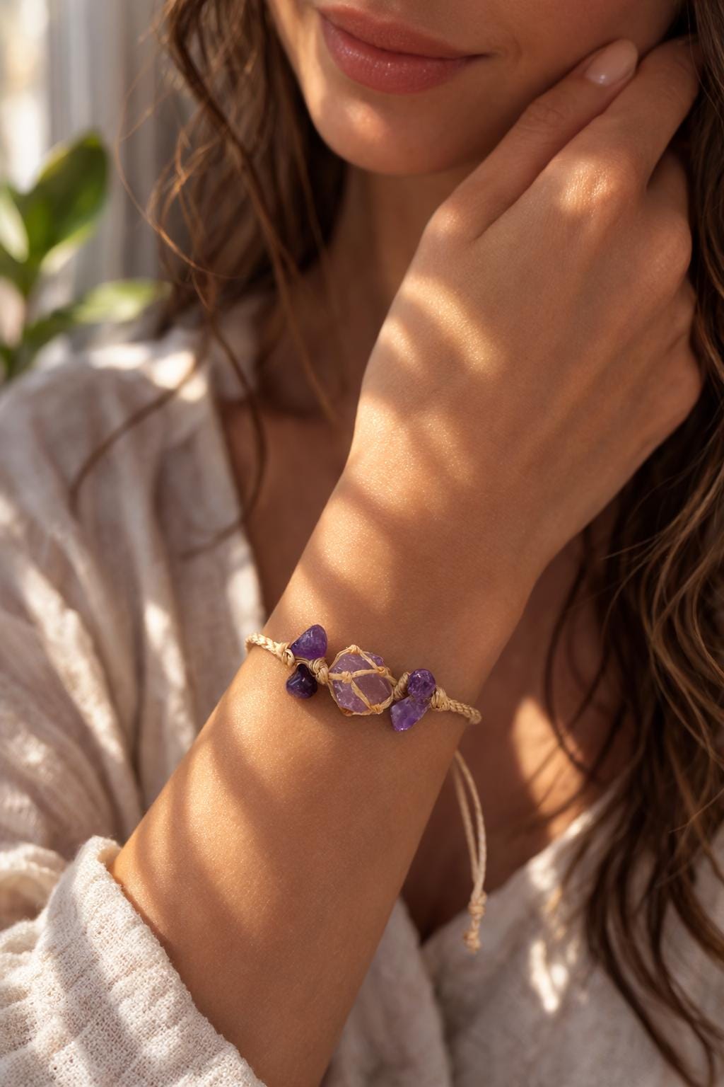 Raw Amethyst Crystal Bracelet – Adjustable Boho Spiritual Gift for Her
