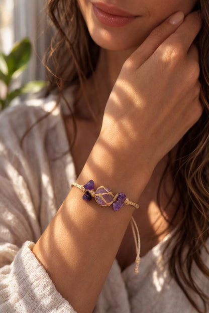 Raw Amethyst Crystal Bracelet – Adjustable Boho Spiritual Gift for Her
