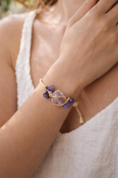 Raw Amethyst Crystal Bracelet – Adjustable Boho Spiritual Gift for Her