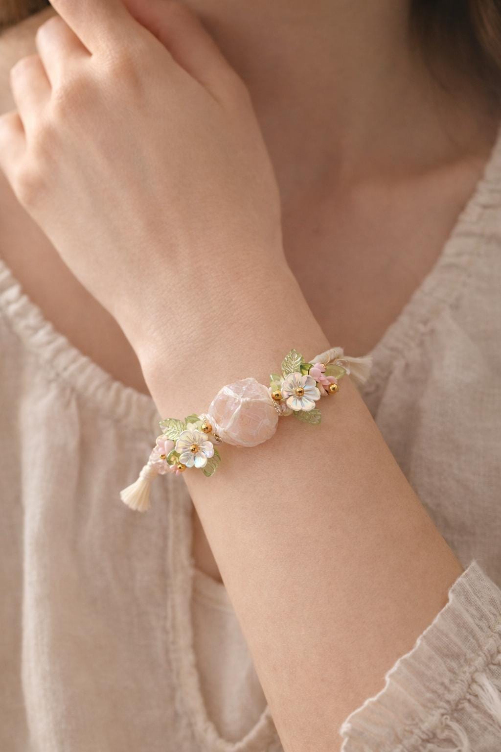 Raw Rose Quartz Crystal Bracelet – Adjustable Boho Spiritual Gift for Her