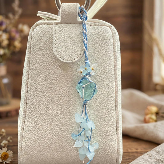 Handmade Aquamarine Crystal Bag Charm Fairycore Purse Keychain Cottagecore Boho Gift
