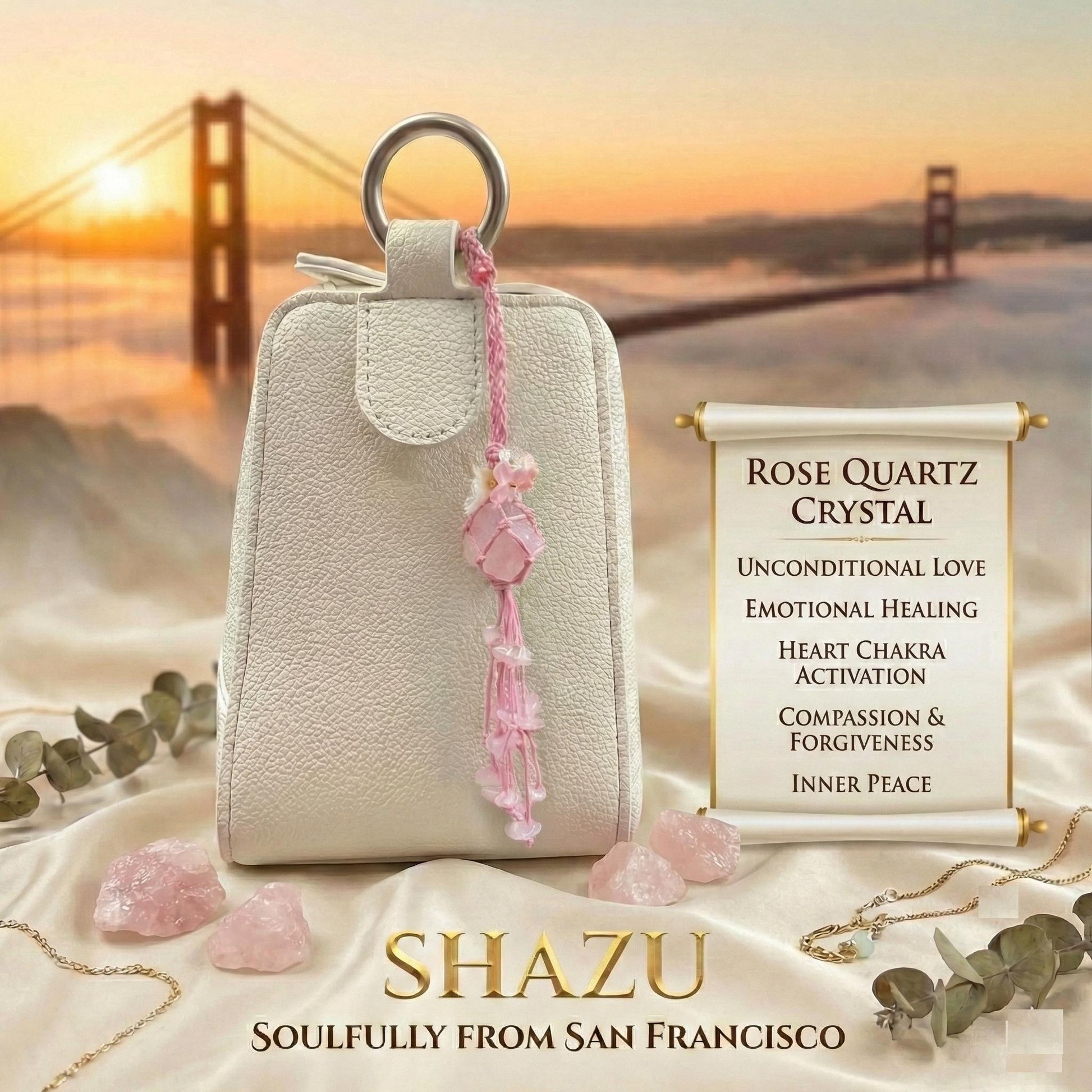 Handmade Rose Quartz Bag Charm – Bohemian Crystal Tassel Keychain