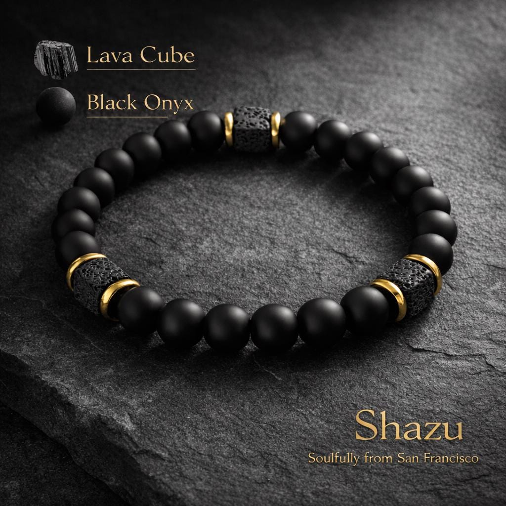 Mens Lava Stone Bracelet | Matte Black Onyx with Volcanic Beads | Protection Strength Bracelet