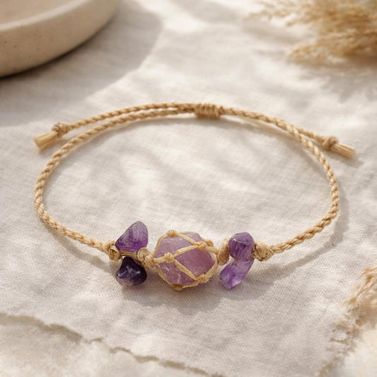Raw Amethyst Crystal Bracelet – Adjustable Boho Spiritual Gift for Her