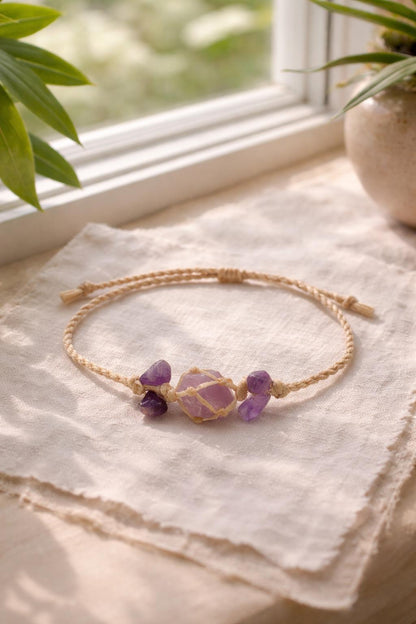 Raw Amethyst Crystal Bracelet – Adjustable Boho Spiritual Gift for Her