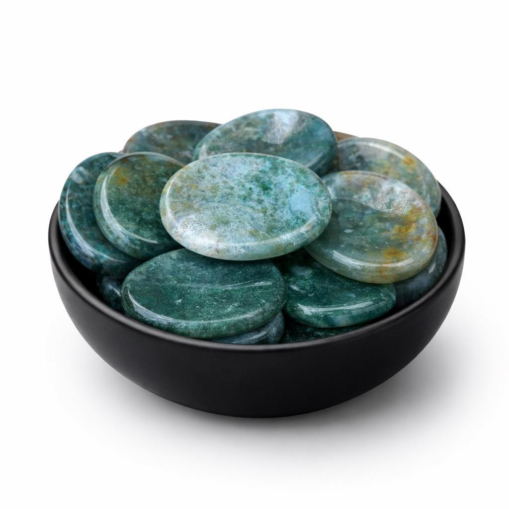 Moss Agate Worry Stone – Oval Palm Crystal, Emotional Balance
