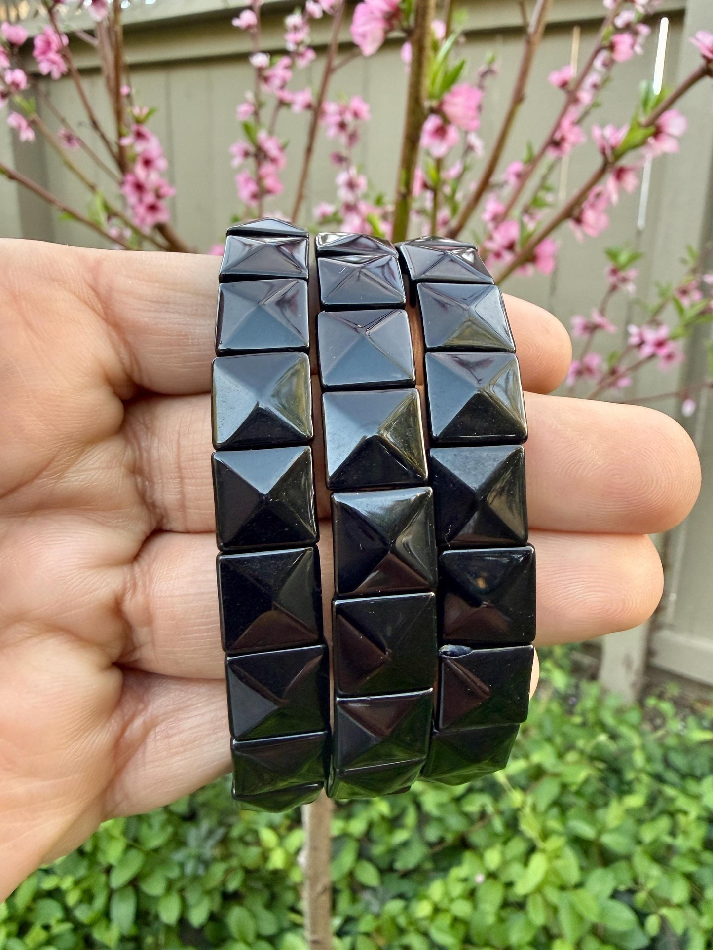 Black Tourmaline Bracelet 12MM – Square Pyramid Cut Crystal for Protection, Grounding & Energy Shielding