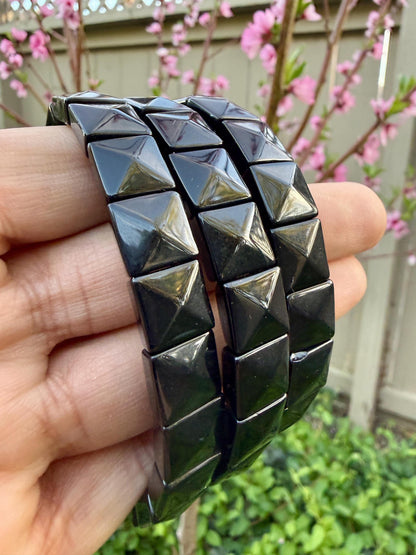 Black Tourmaline Bracelet 12MM – Square Pyramid Cut Crystal for Protection, Grounding & Energy Shielding