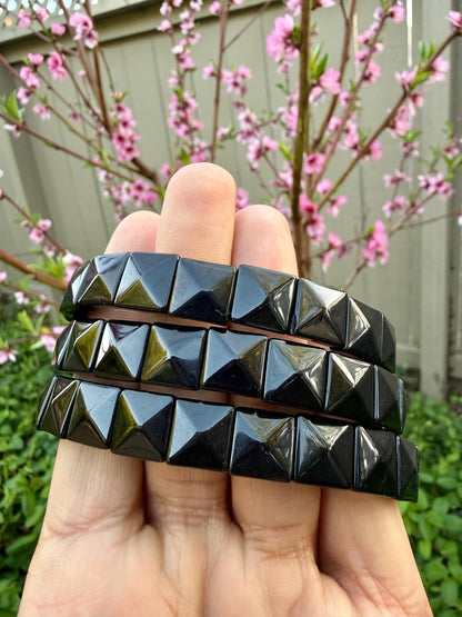 Black Tourmaline Bracelet 12MM – Square Pyramid Cut Crystal for Protection, Grounding & Energy Shielding