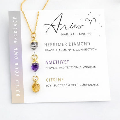 Aries Zodiac Necklace: Raw Herkimer, Amethyst, Citrine, Birthstone, Gift for Mom, Mothers Day Gift