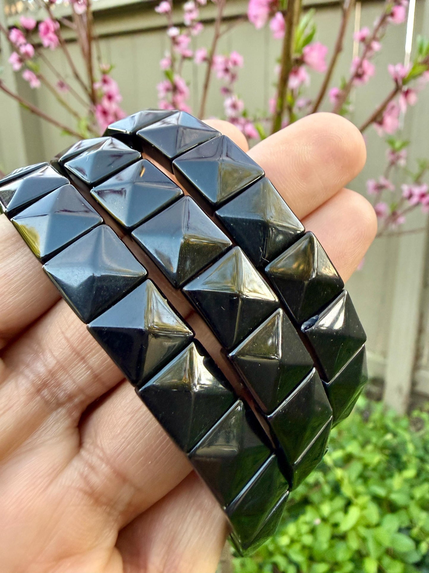 Black Tourmaline Bracelet 12MM – Square Pyramid Cut Crystal for Protection, Grounding & Energy Shielding
