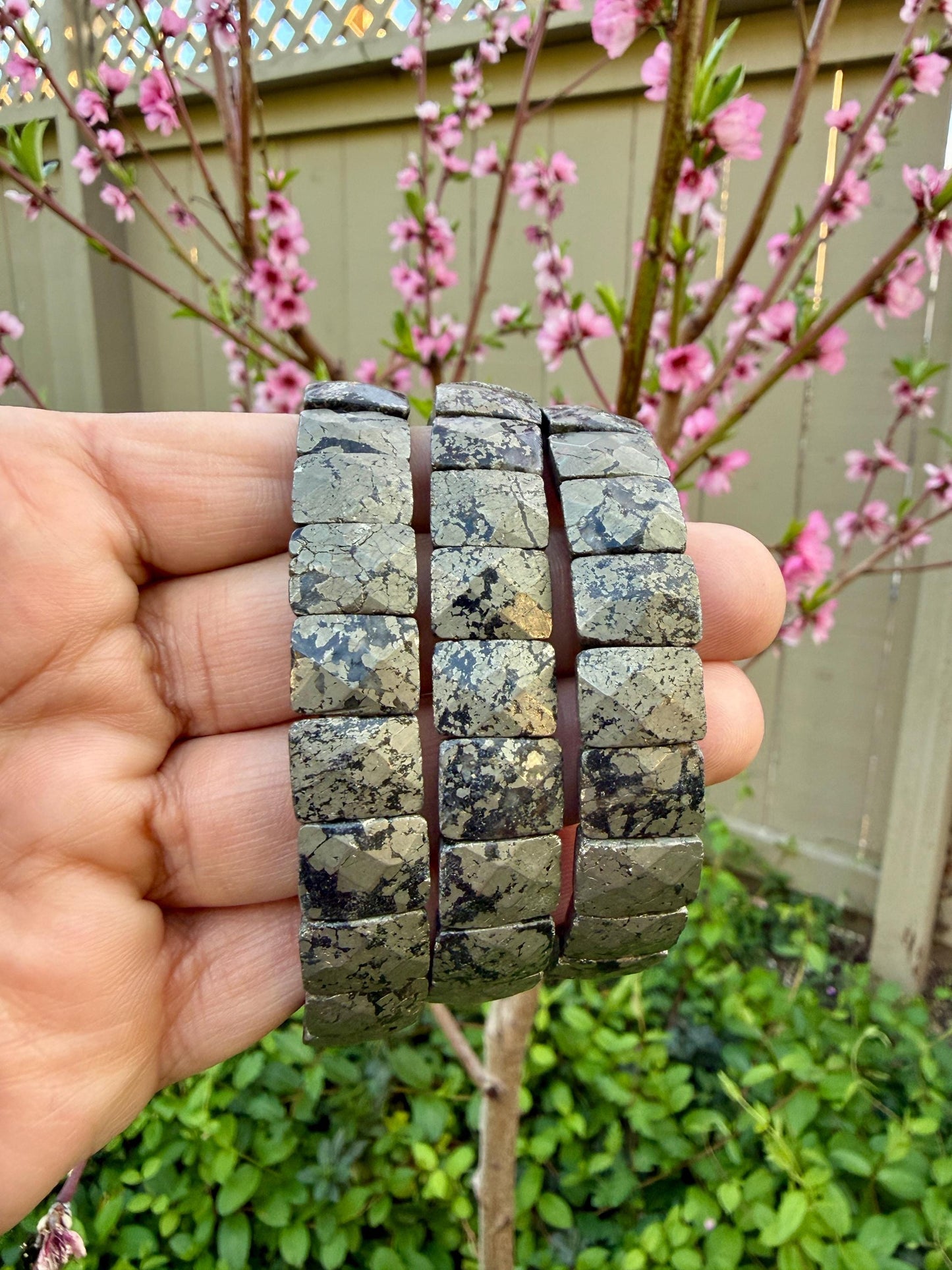 Genuine Pyrite Bracelet 14mm Rectangular Faceted Natural Fool's Gold for Wealth Abundance Protection