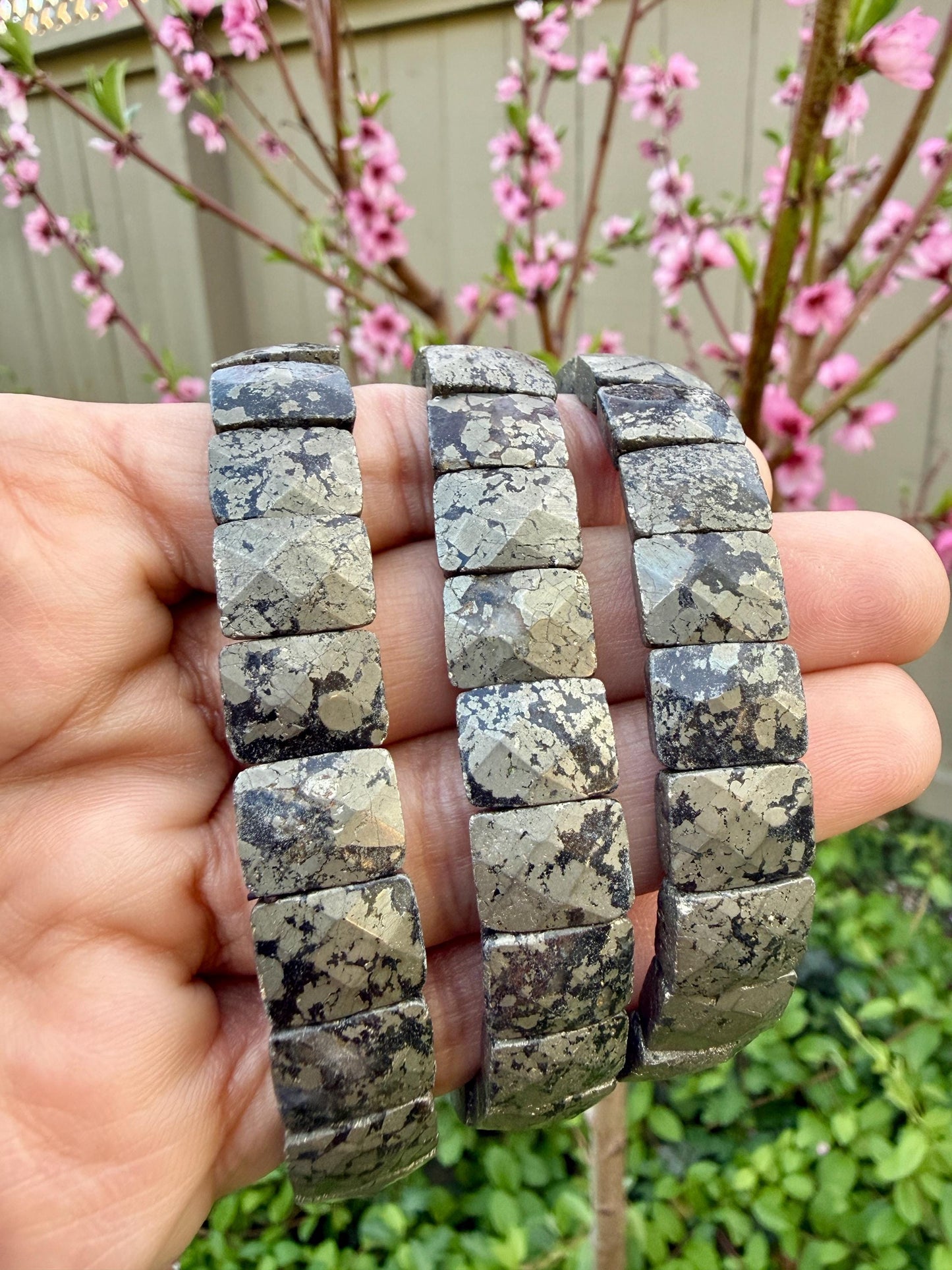 Genuine Pyrite Bracelet 14mm Rectangular Faceted Natural Fool's Gold for Wealth Abundance Protection
