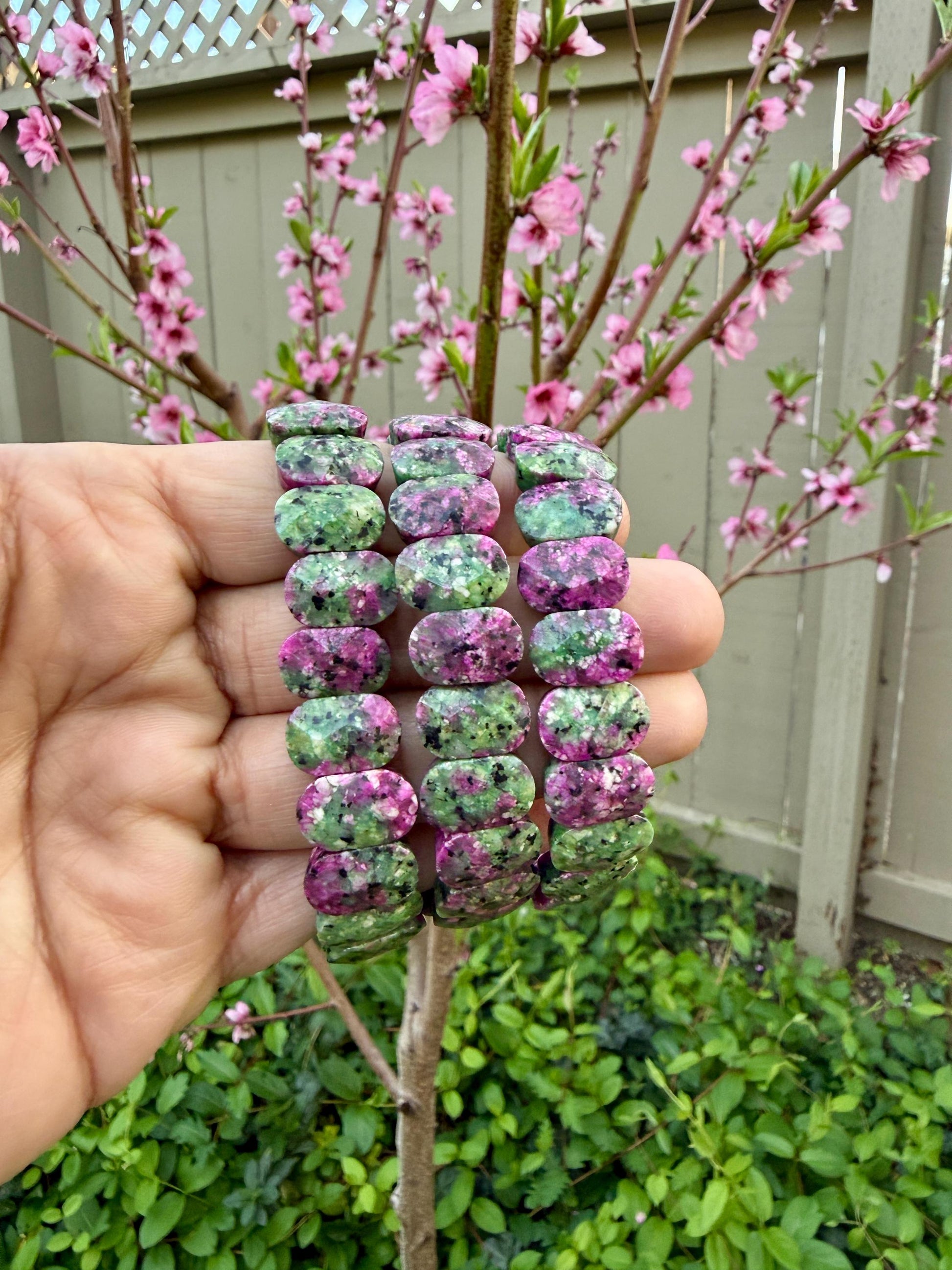 Ruby Zoisite Oval Faceted Bracelet 14MM • Natural African Ruby in Zoisite • Passion, Strength & Heart Healing Crystal Jewelry