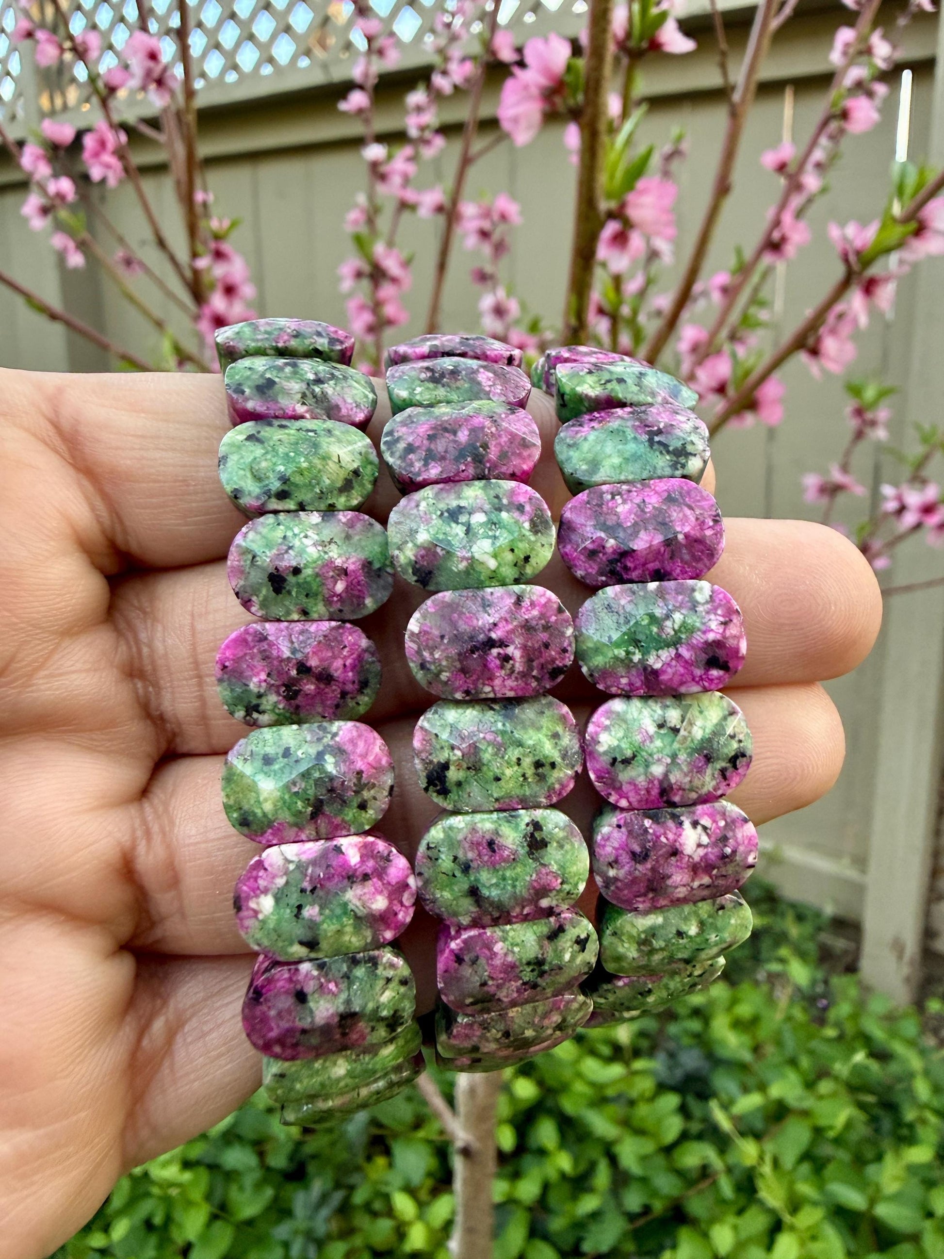 Ruby Zoisite Oval Faceted Bracelet 14MM • Natural African Ruby in Zoisite • Passion, Strength & Heart Healing Crystal Jewelry