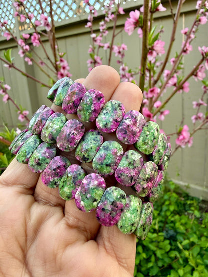 Ruby Zoisite Oval Faceted Bracelet 14MM • Natural African Ruby in Zoisite • Passion, Strength & Heart Healing Crystal Jewelry