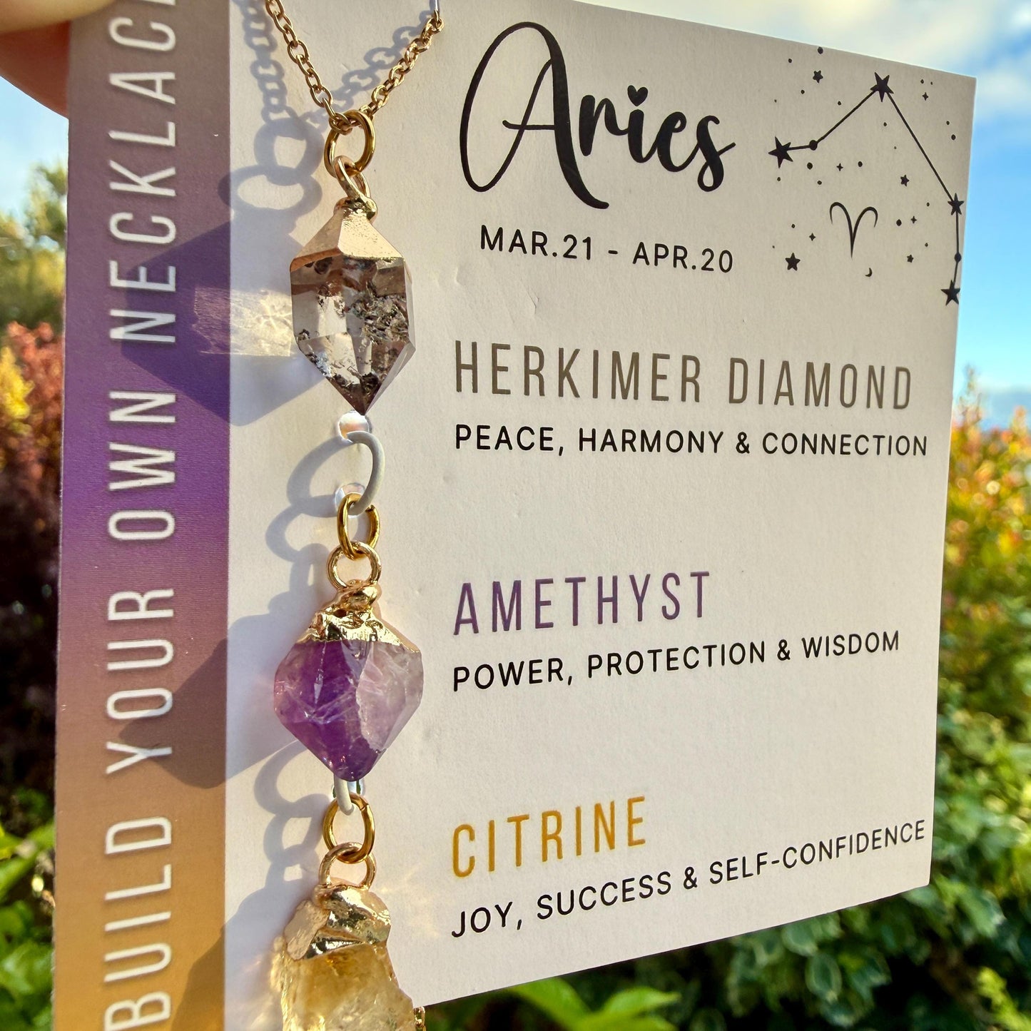 Aries Zodiac Necklace: Raw Herkimer, Amethyst, Citrine, Birthstone, Gift for Mom, Mothers Day Gift