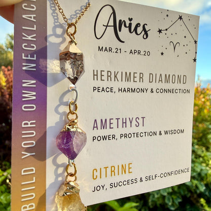 Aries Zodiac Necklace: Raw Herkimer, Amethyst, Citrine, Birthstone, Gift for Mom, Mothers Day Gift