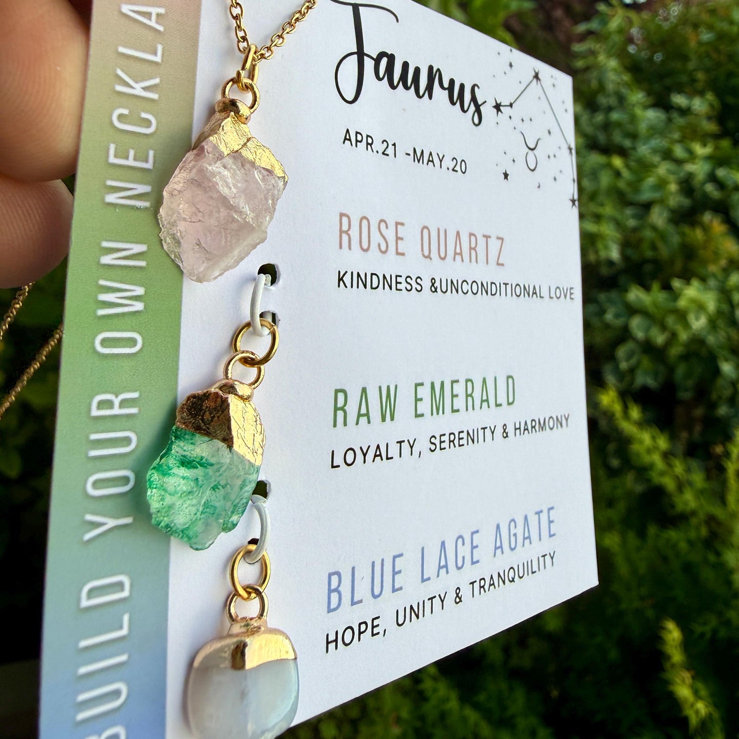 Taurus Zodiac Necklace: Emerald, Rose Quartz, Blue Lace Agate, Birthstone, Gift for Mom, Mothers Day Gift
