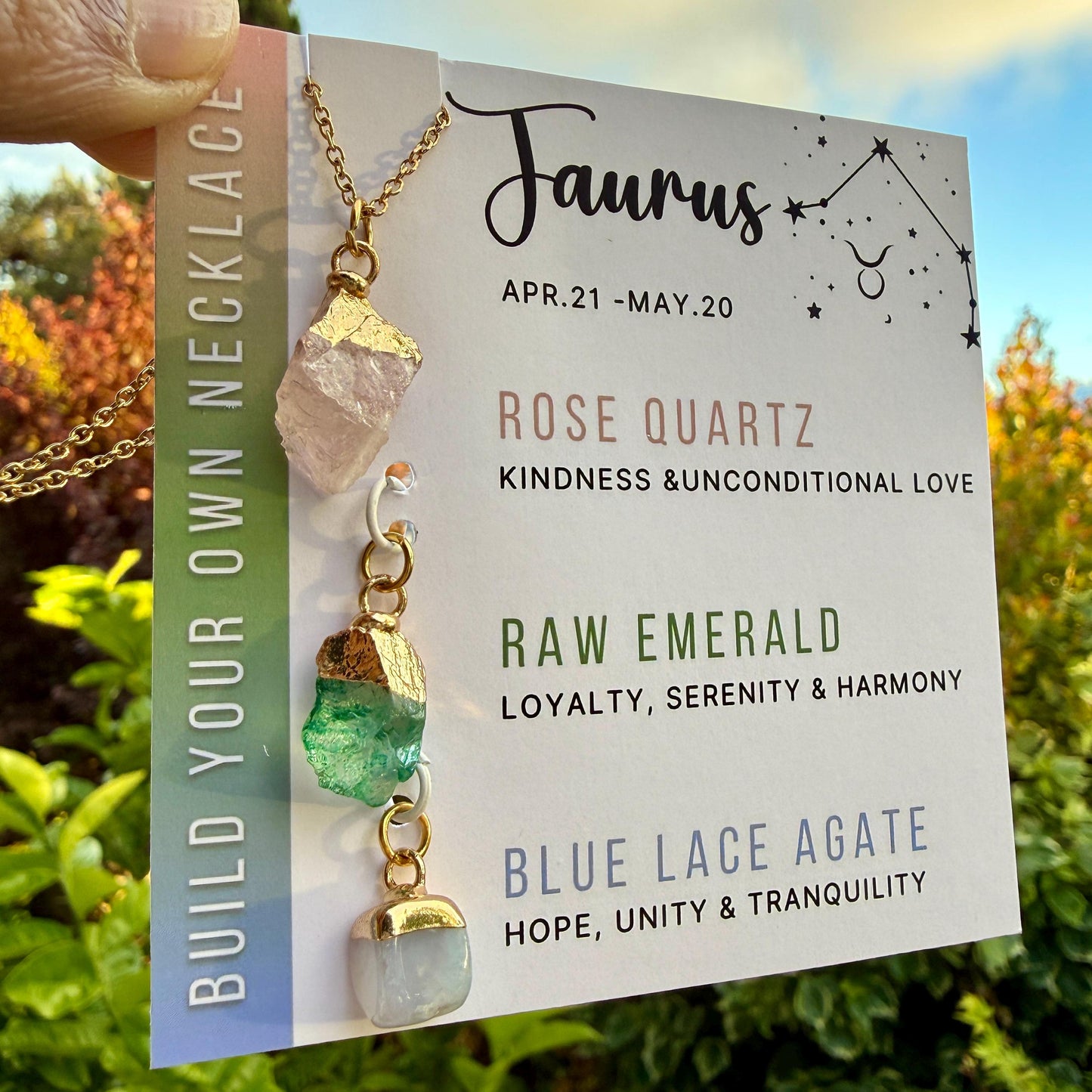 Taurus Zodiac Necklace: Emerald, Rose Quartz, Blue Lace Agate, Birthstone, Gift for Mom, Mothers Day Gift