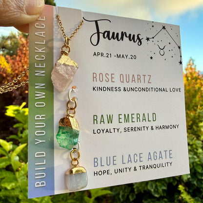 Taurus Zodiac Necklace: Emerald, Rose Quartz, Blue Lace Agate, Birthstone, Gift for Mom, Mothers Day Gift
