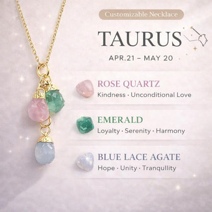 Taurus Zodiac Necklace: Emerald, Rose Quartz, Blue Lace Agate, Birthstone, Gift for Mom, Mothers Day Gift