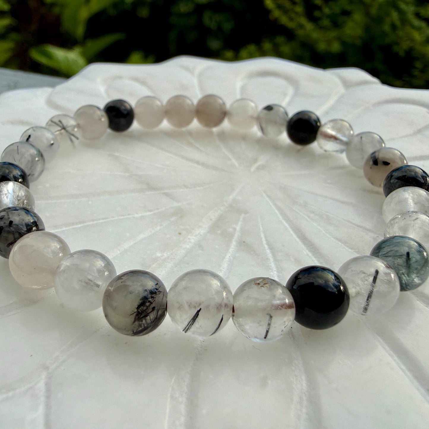Natural Tourmalinated Quartz Bracelet Black Tourmaline Rutilated Rutile Quartz Protection Grounding Crystal Jewelry Gift