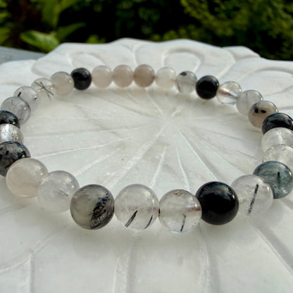 Natural Tourmalinated Quartz Bracelet Black Tourmaline Rutilated Rutile Quartz Protection Grounding Crystal Jewelry Gift