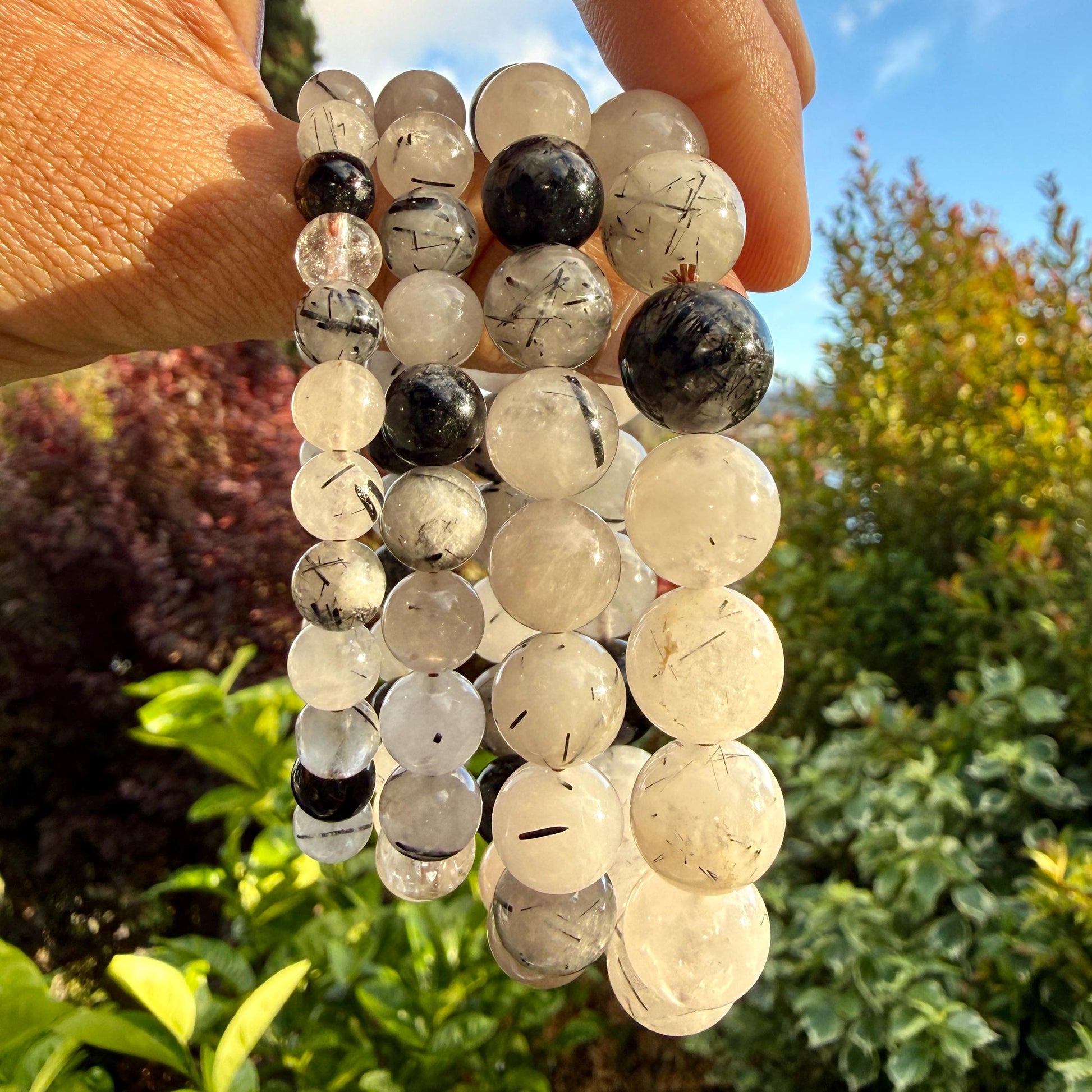 Natural Tourmalinated Quartz Bracelet Black Tourmaline Rutilated Rutile Quartz Protection Grounding Crystal Jewelry Gift