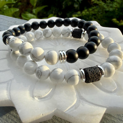 Yin Yang Balance Bracelet Black Onyx Howlite Lava Stone Mens Grounding Diffuser Bracelet Gift for Him
