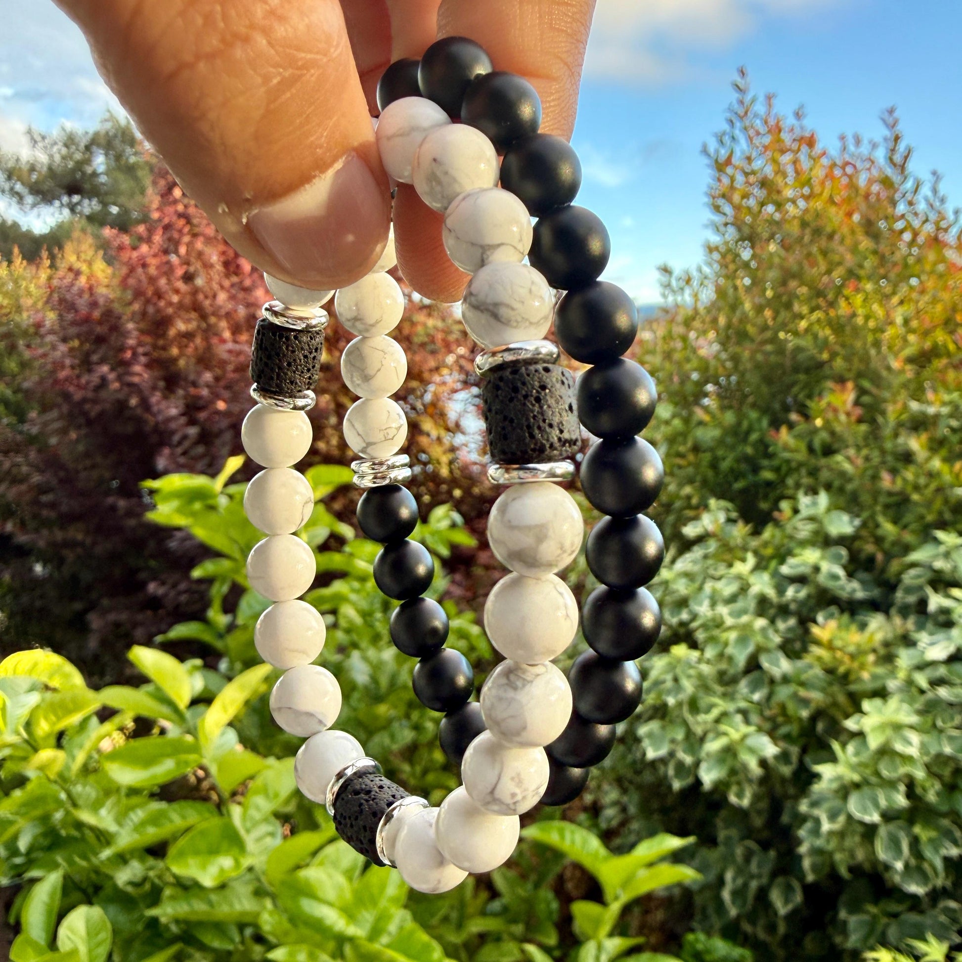 Yin Yang Balance Bracelet Black Onyx Howlite Lava Stone Mens Grounding Diffuser Bracelet Gift for Him