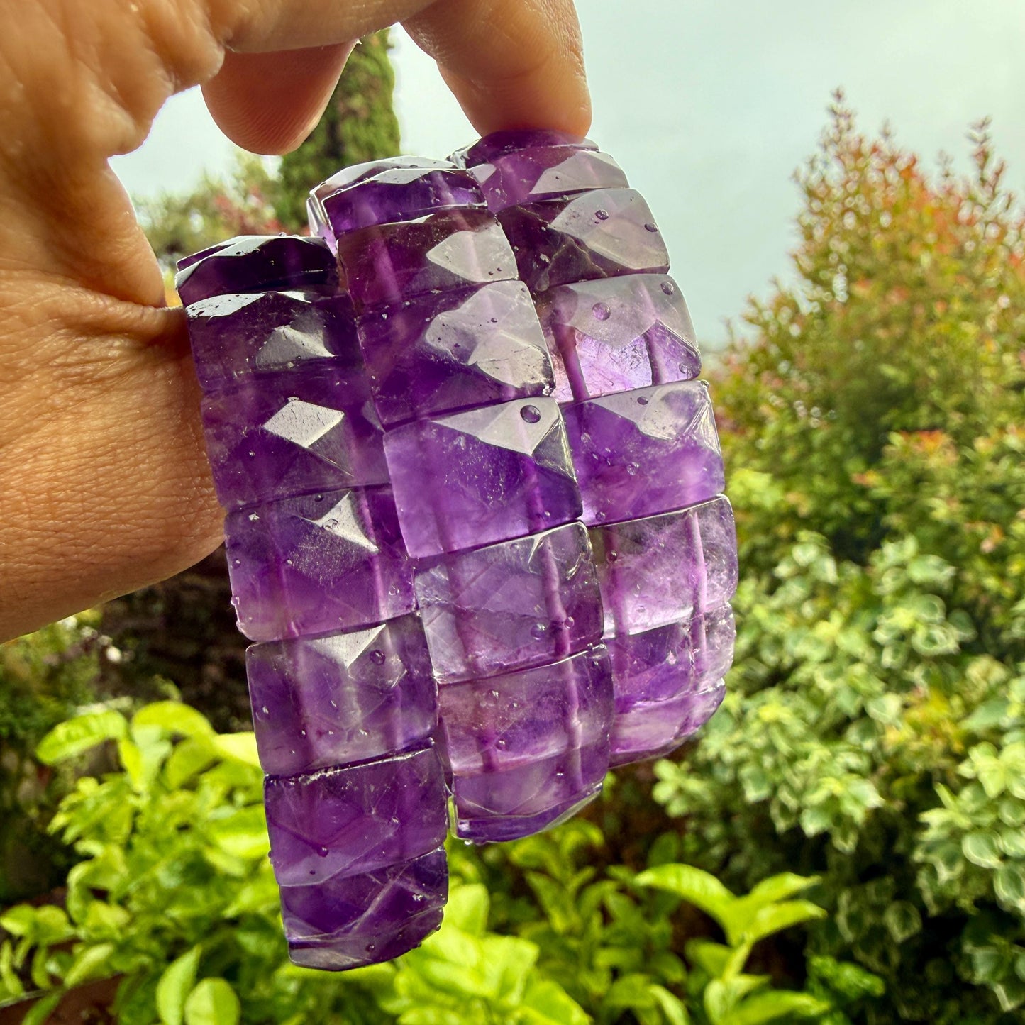 Amethyst Bracelet 15mm Faceted Rectangle Beads Natural Crystal Healing Jewelry Protection Energy Gift