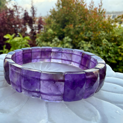 Amethyst Bracelet 15mm Faceted Rectangle Beads Natural Crystal Healing Jewelry Protection Energy Gift
