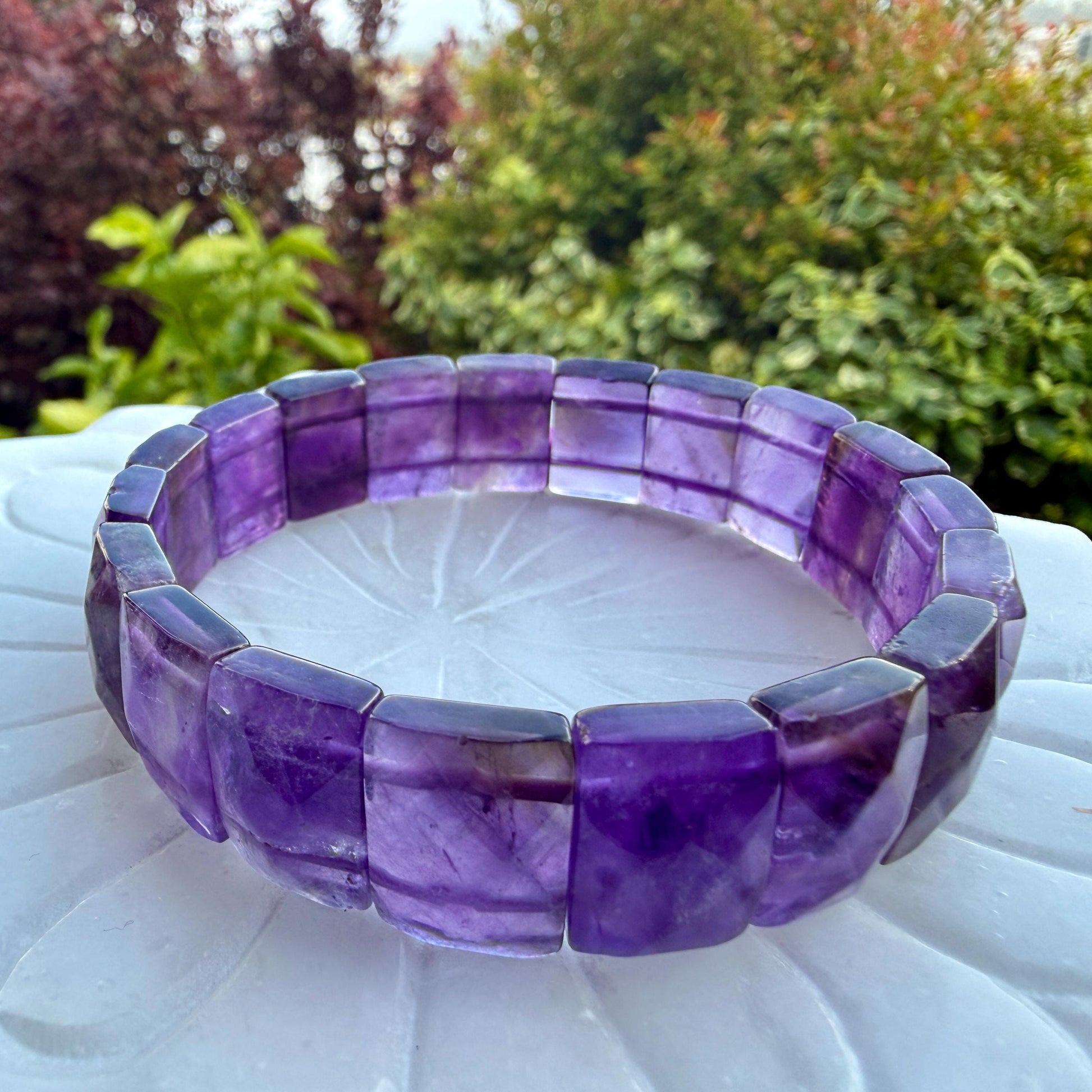 Amethyst Bracelet 15mm Faceted Rectangle Beads Natural Crystal Healing Jewelry Protection Energy Gift