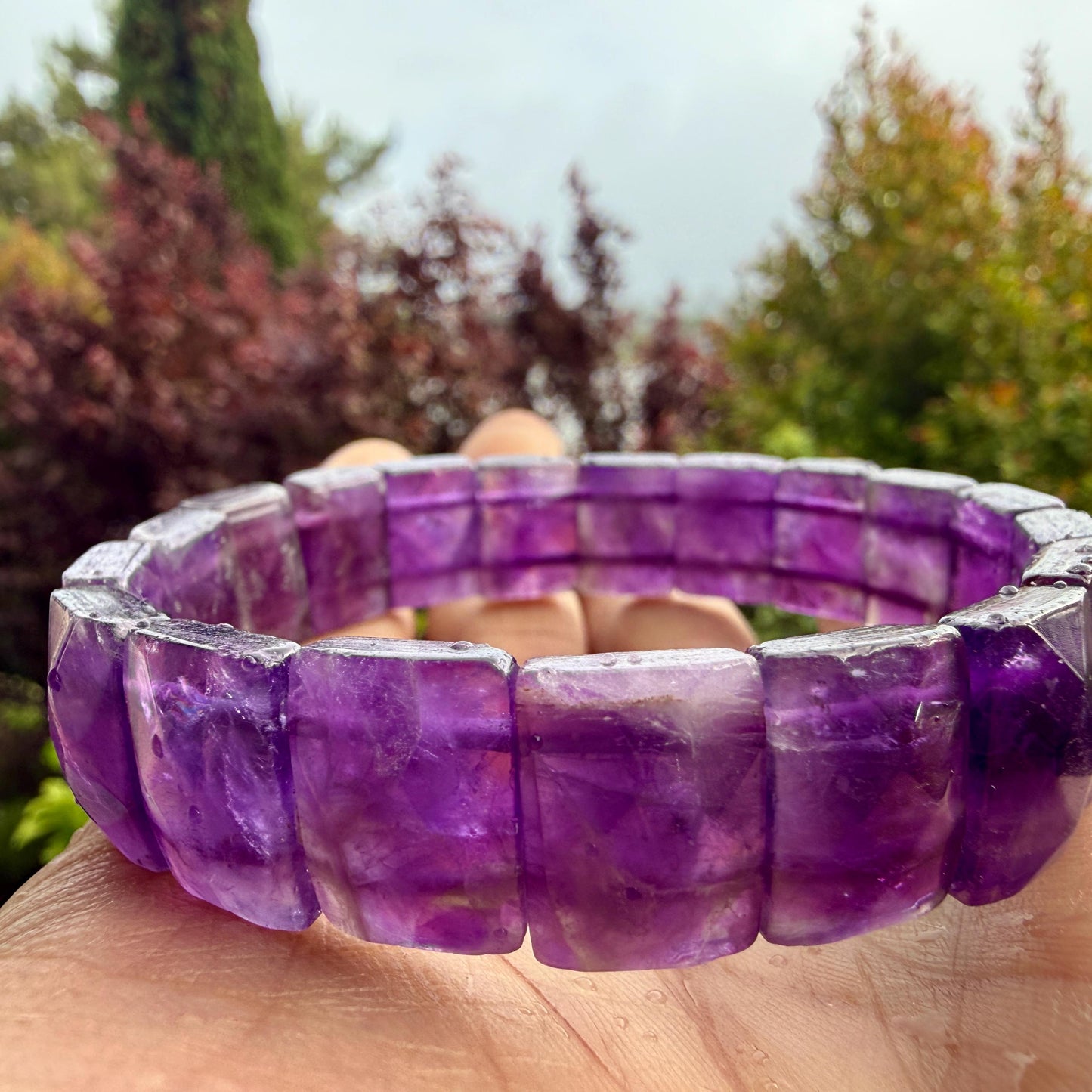 Amethyst Bracelet 15mm Faceted Rectangle Beads Natural Crystal Healing Jewelry Protection Energy Gift