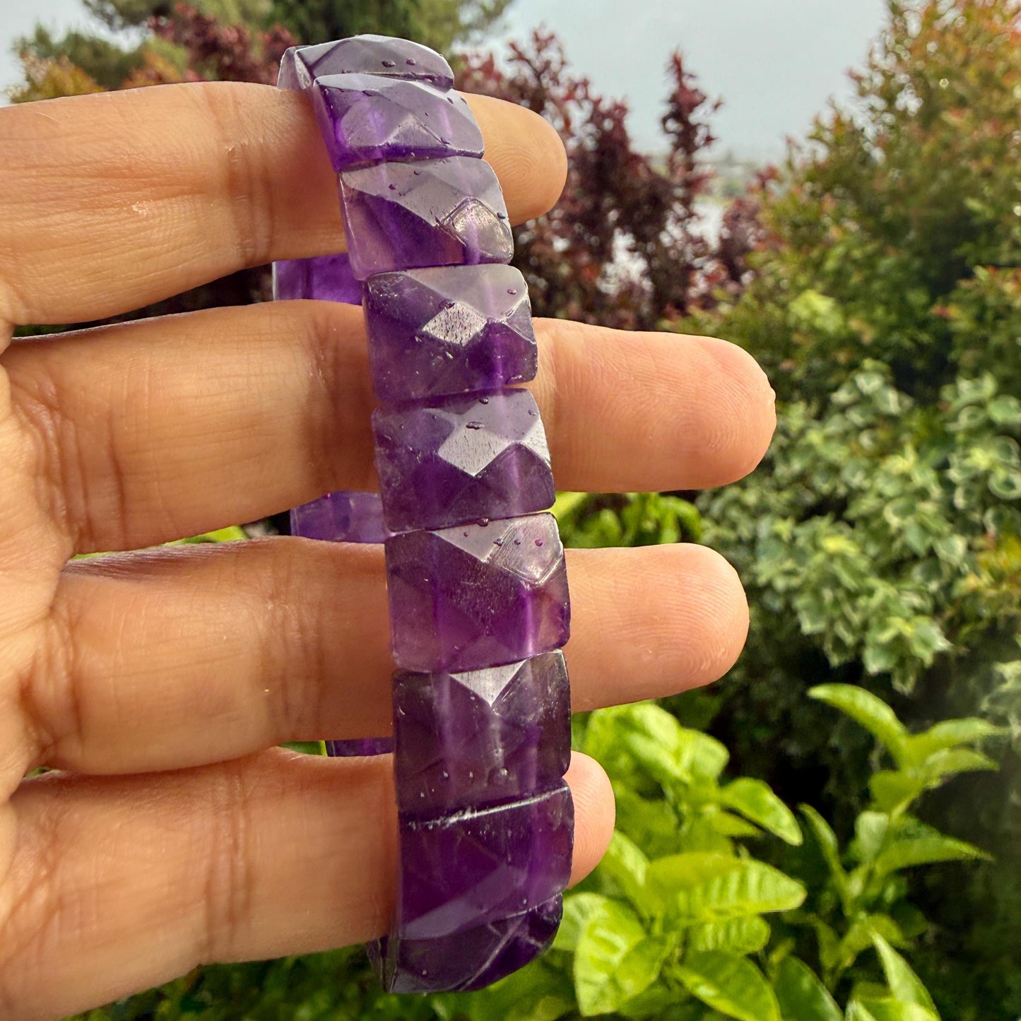 Amethyst Bracelet 15mm Faceted Rectangle Beads Natural Crystal Healing Jewelry Protection Energy Gift