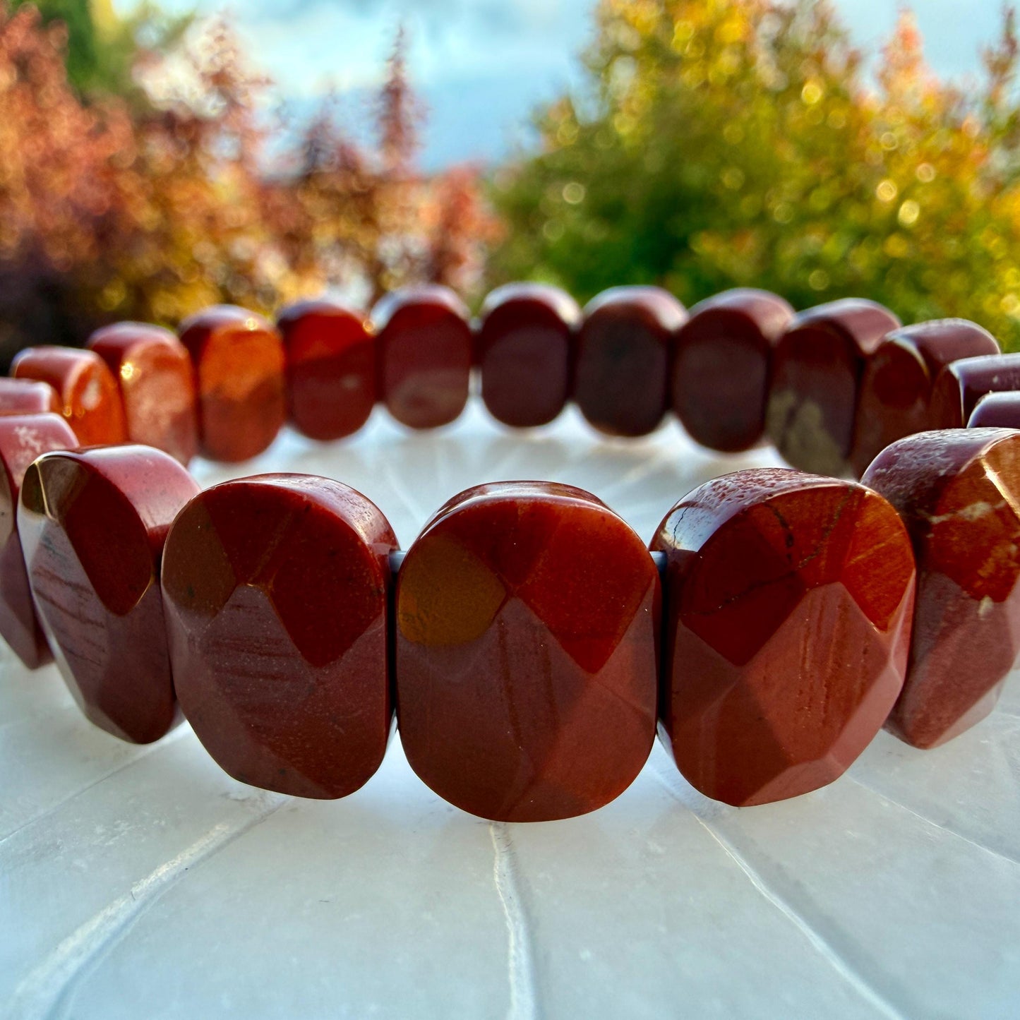 Red Jasper Bracelet 15mm Faceted Oval Beads Natural Stone Grounding Protection Energy Jewelry Gift