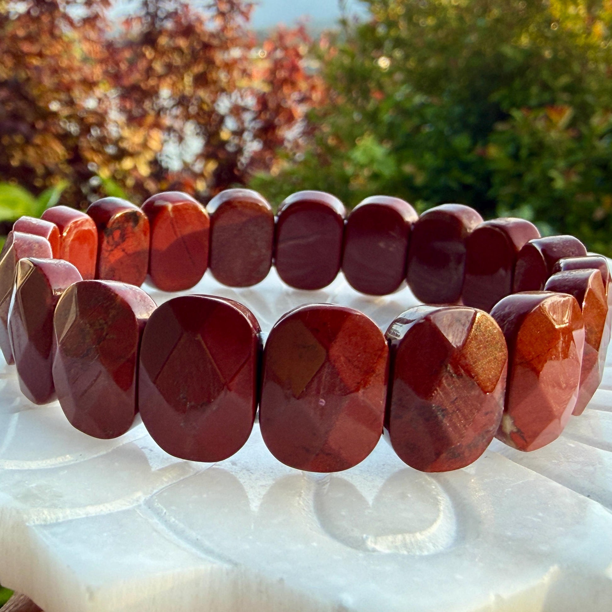 Red Jasper Bracelet 15mm Faceted Oval Beads Natural Stone Grounding Protection Energy Jewelry Gift
