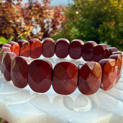 Red Jasper Bracelet 15mm Faceted Oval Beads Natural Stone Grounding Protection Energy Jewelry Gift