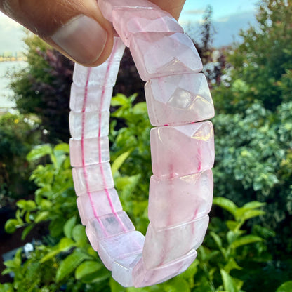 Rose Quartz Rectangular Faceted Bracelet 10x15MM • Natural Pink Crystal • Love, Compassion & Emotional Healing Jewelry