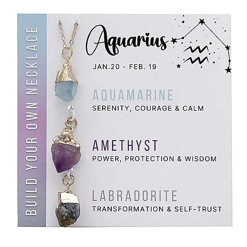 Aquarius Zodiac Necklace: Raw Aquamarine, Amethyst, Labradorite, Birthstone