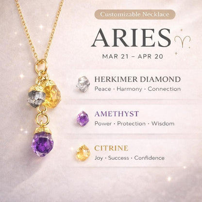 Aries Zodiac Necklace: Raw Herkimer, Amethyst, Citrine, Birthstone, Gift for Mom, Mothers Day Gift
